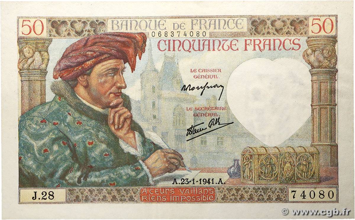 50 Francs JACQUES CŒUR FRANCE  1941 F.19.05 pr.SPL
