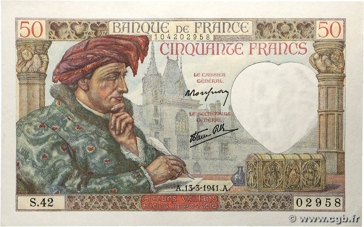 50 Francs JACQUES CŒUR FRANCE  1941 F.19.07 pr.NEUF