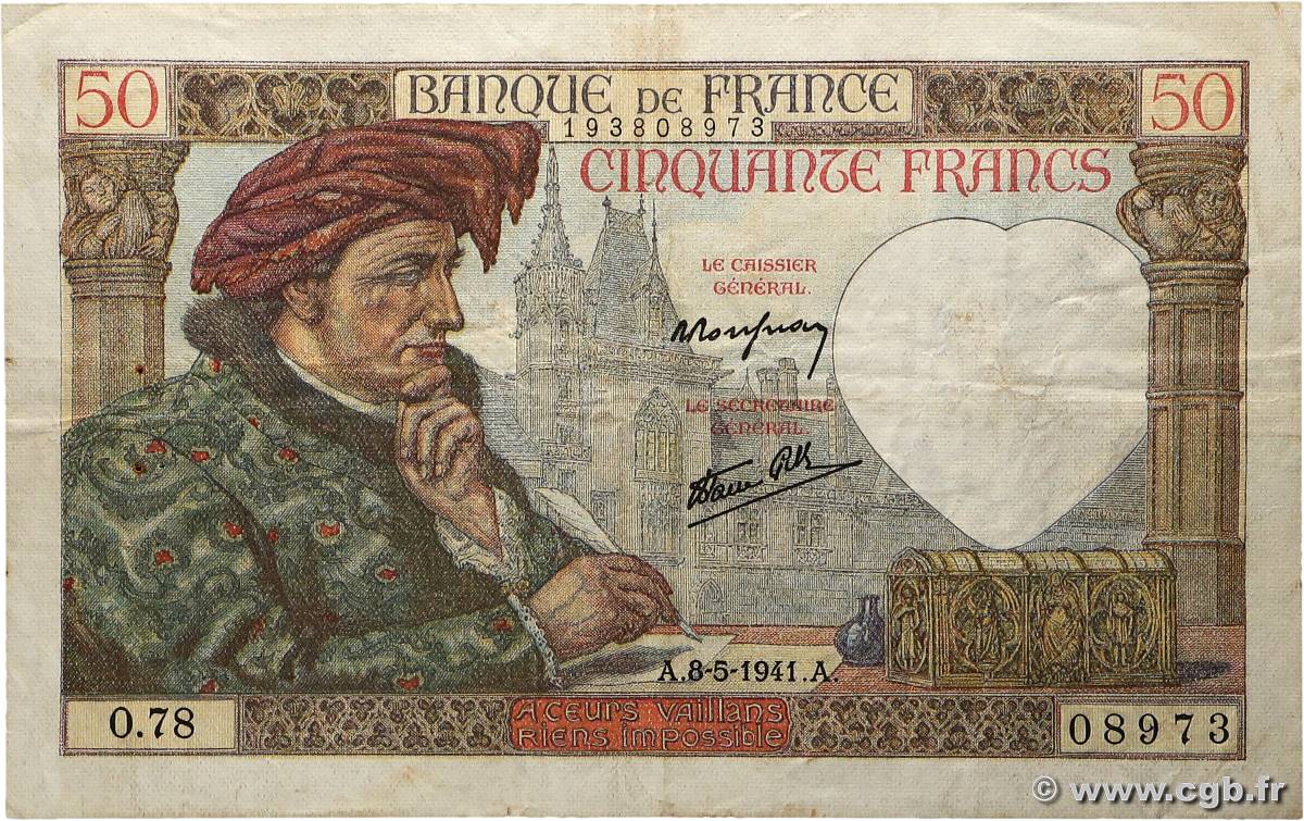 50 Francs JACQUES CŒUR FRANCE  1941 F.19.10 TB+