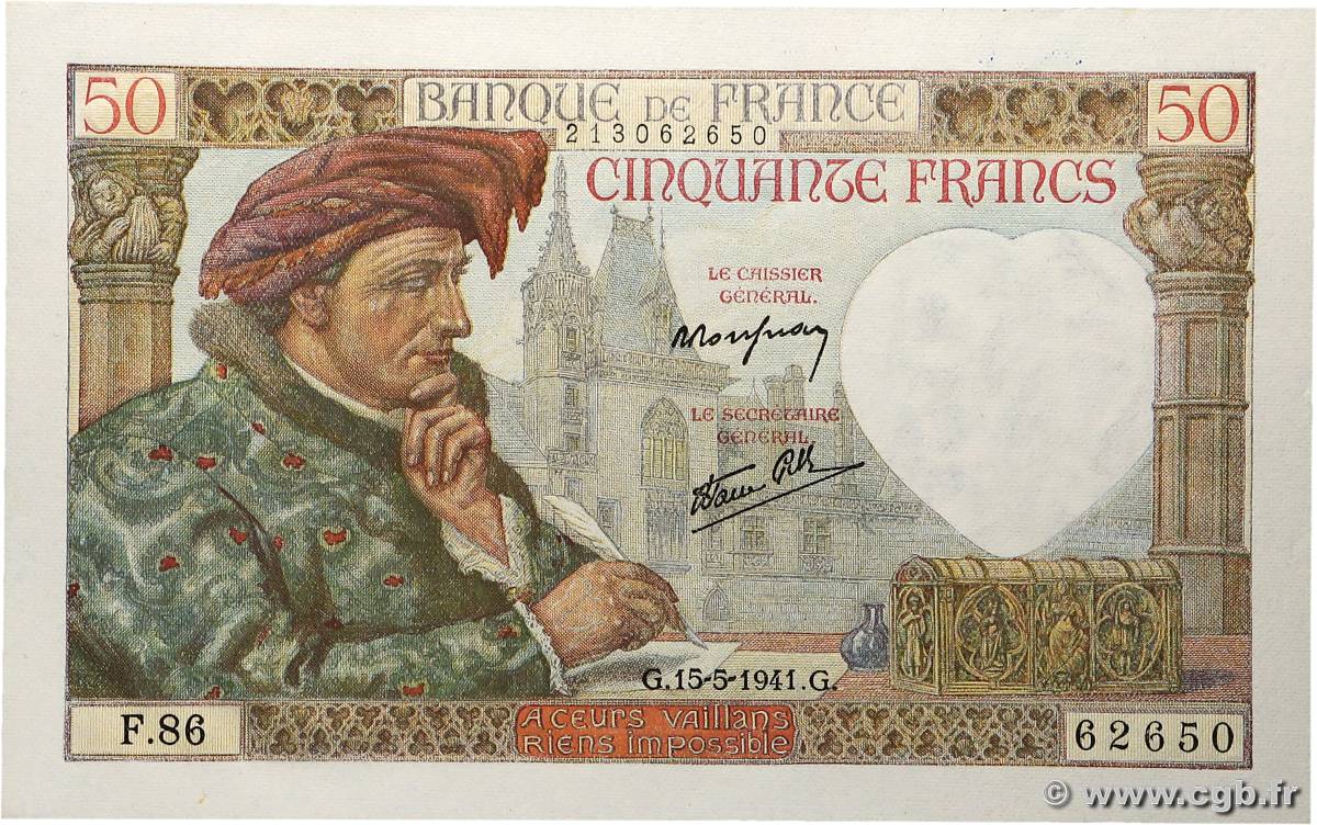 50 Francs JACQUES CŒUR FRANCE  1941 F.19.11 SPL