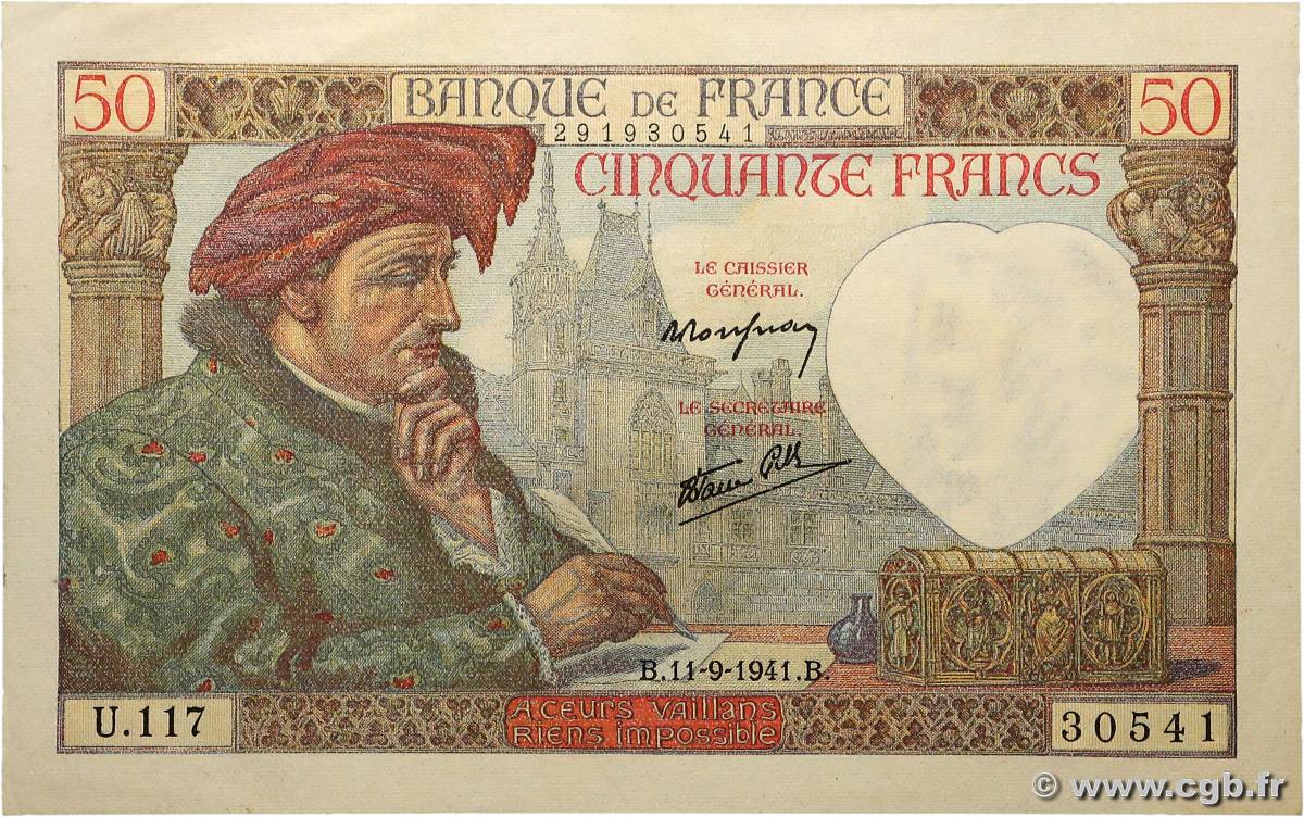 50 Francs JACQUES CŒUR FRANKREICH  1941 F.19.14 VZ