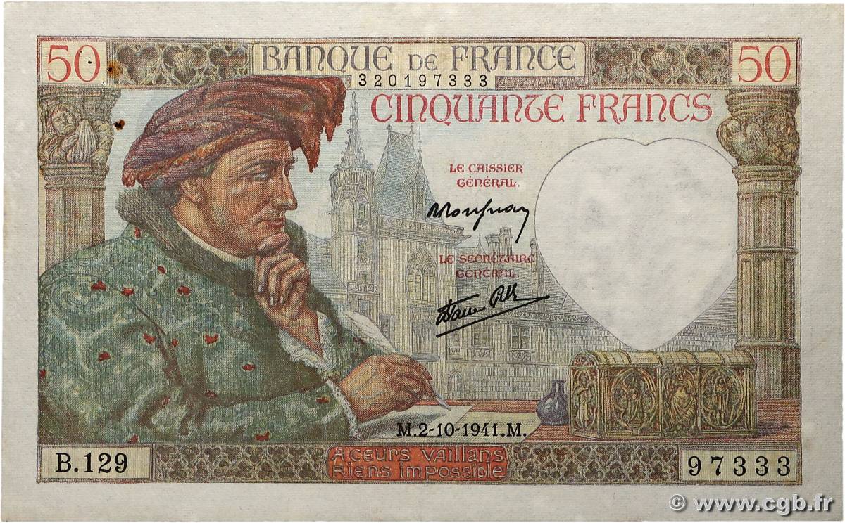50 Francs JACQUES CŒUR FRANCE  1941 F.19.15 TTB