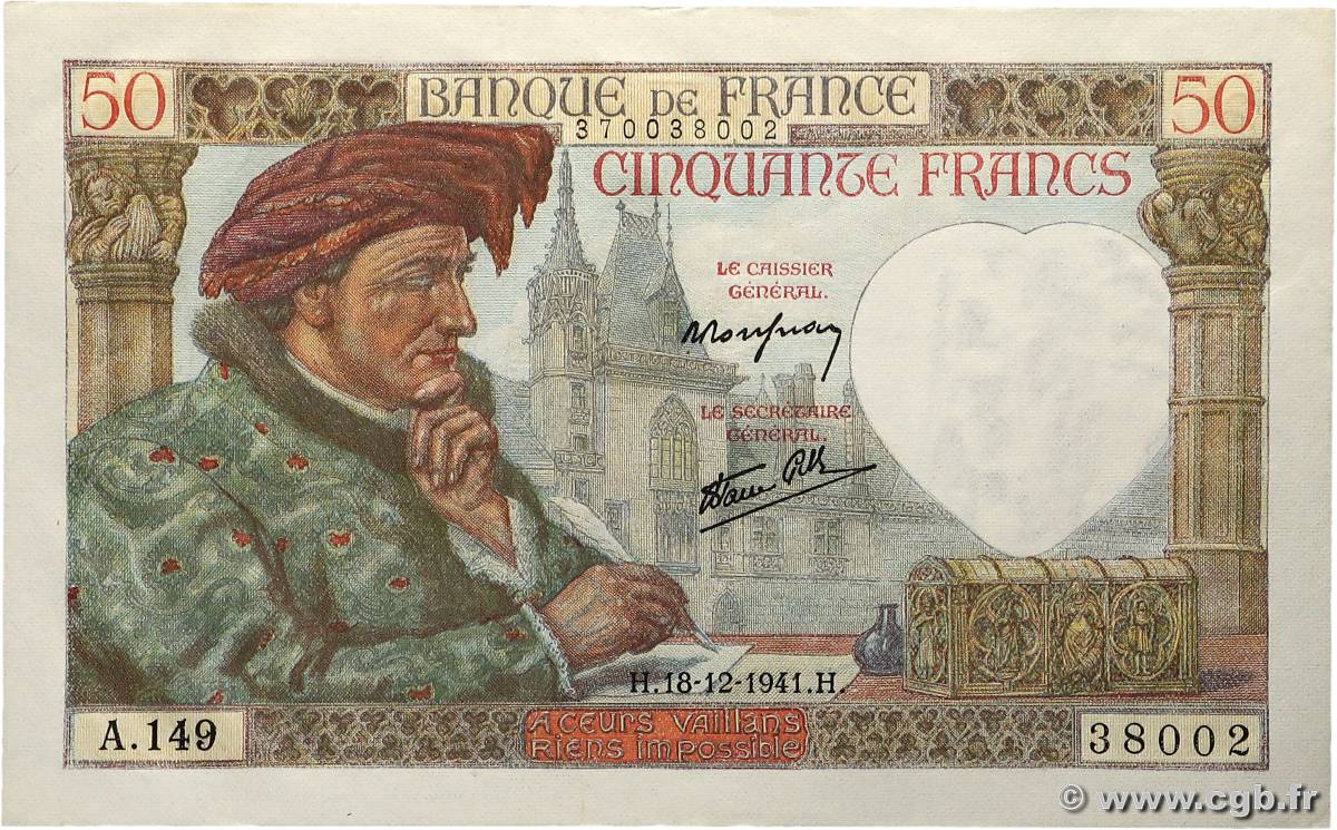 50 Francs JACQUES CŒUR FRANCE  1941 F.19.17 SPL+