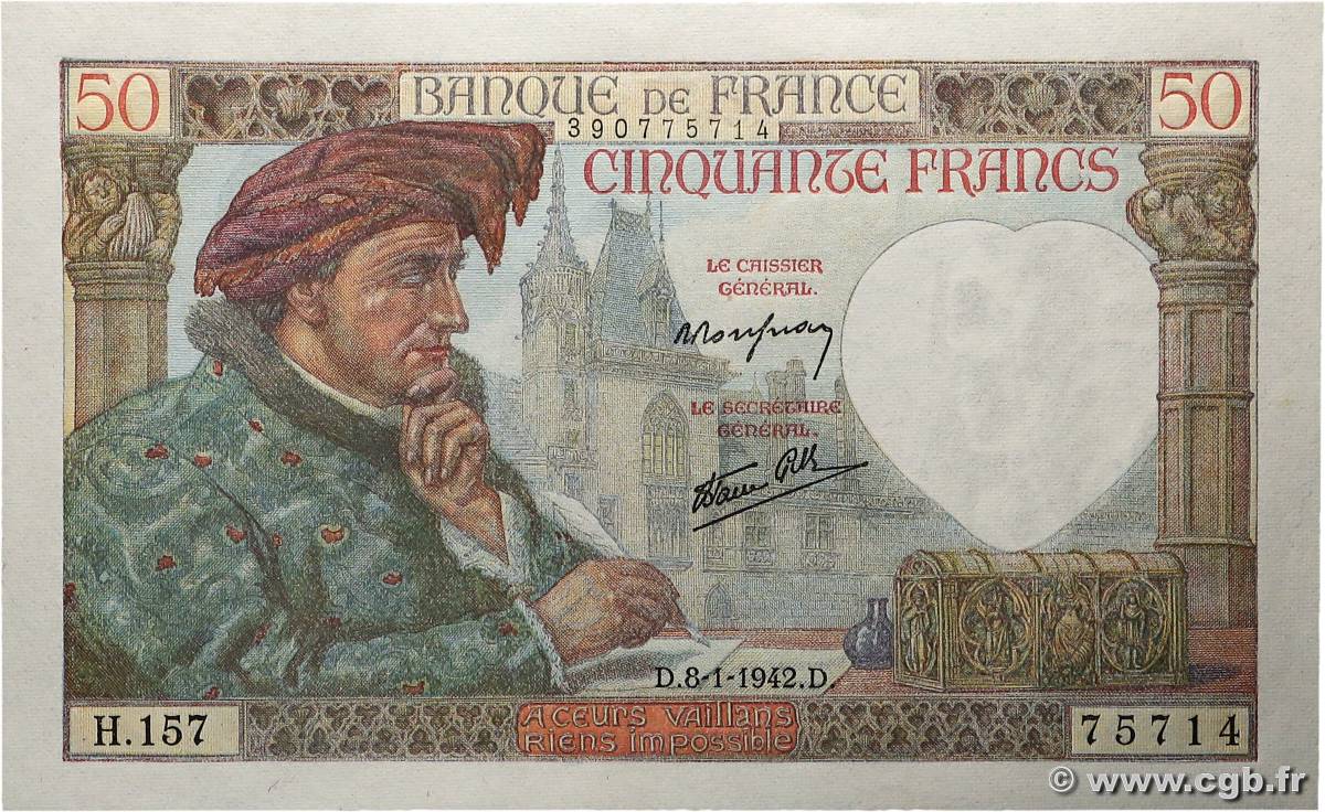 50 Francs JACQUES CŒUR FRANCE  1942 F.19.18 NEUF