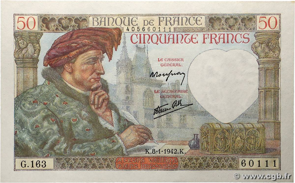 50 Francs JACQUES CŒUR FRANCE  1942 F.19.18 pr.NEUF