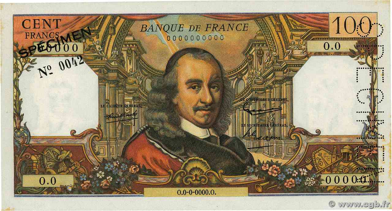 100 Francs CORNEILLE Spécimen FRANCIA  1964 F.65.01Spn AU