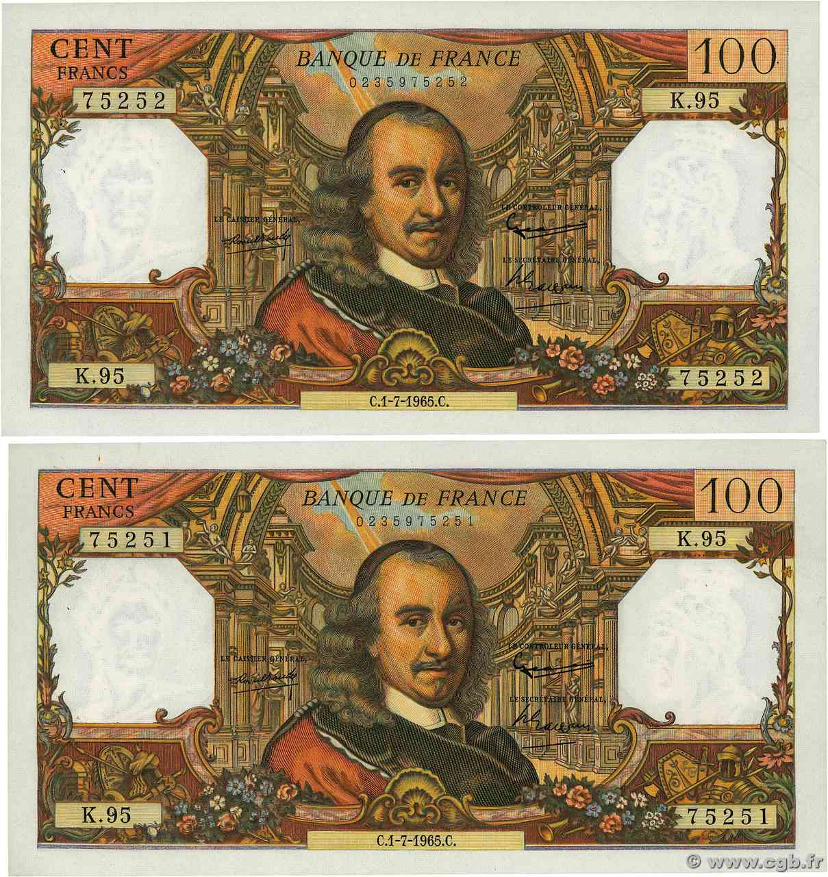 100 Francs CORNEILLE Consécutifs FRANCE  1965 F.65.08 AU-