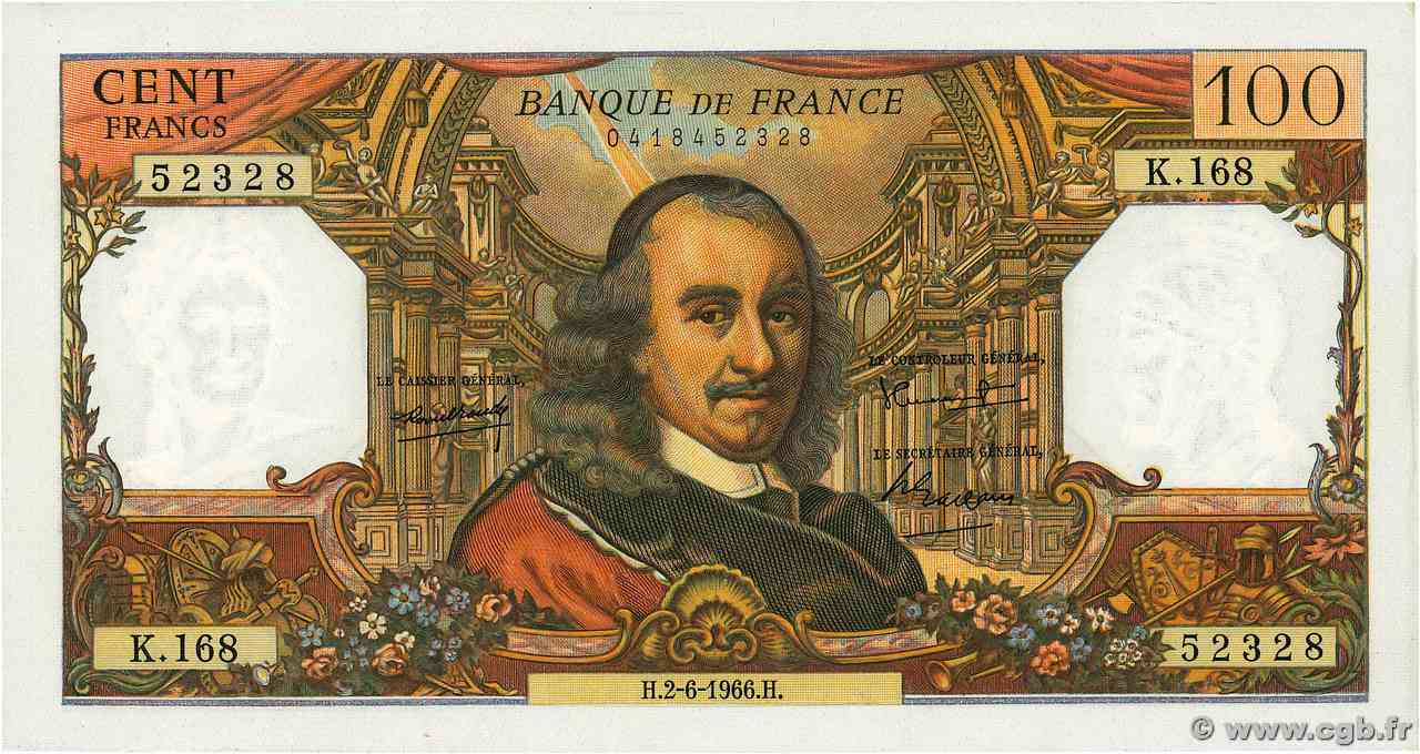 100 Francs CORNEILLE FRANCE  1966 F.65.13 UNC-