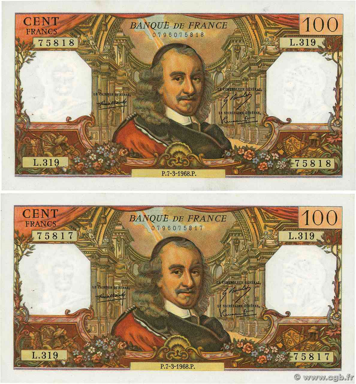 100 Francs CORNEILLE Consécutifs FRANCE  1968 F.65.21 XF+