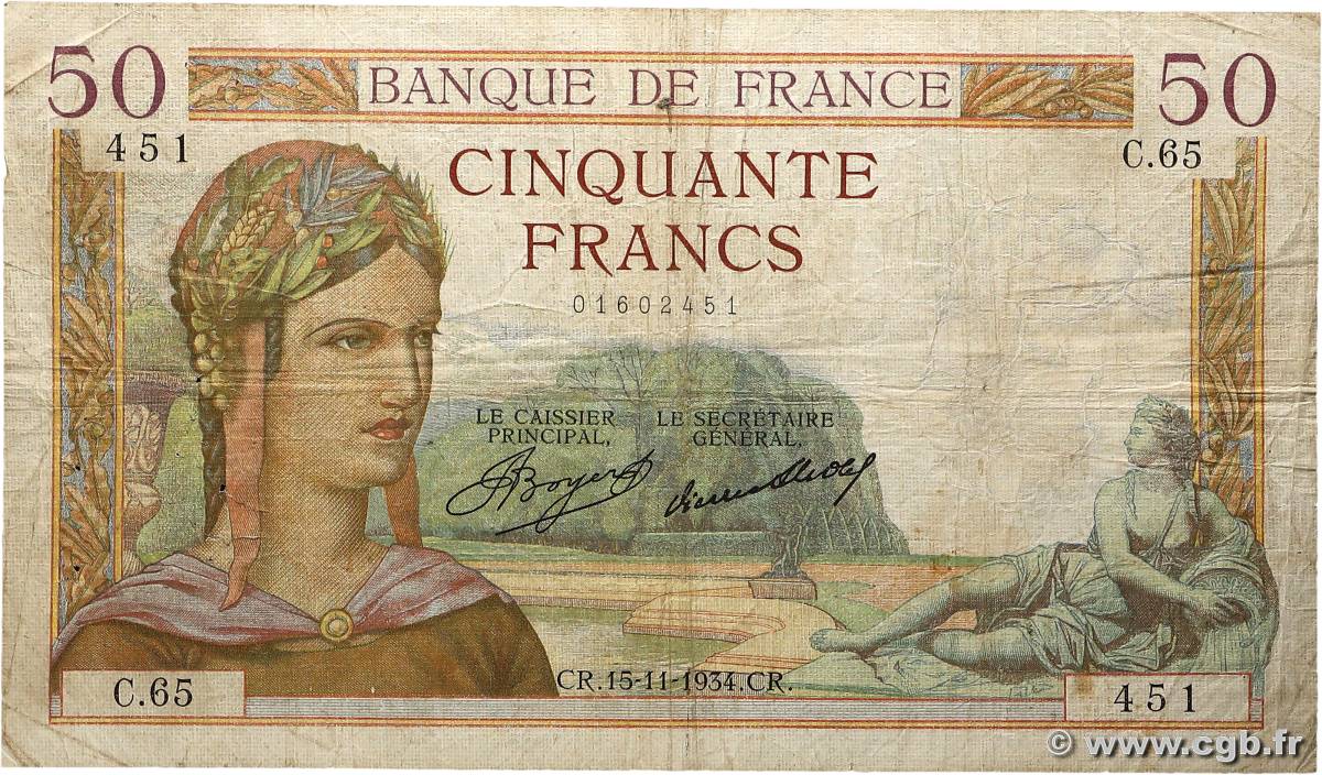50 Francs CÉRÈS FRANCE  1934 F.17.01 B+