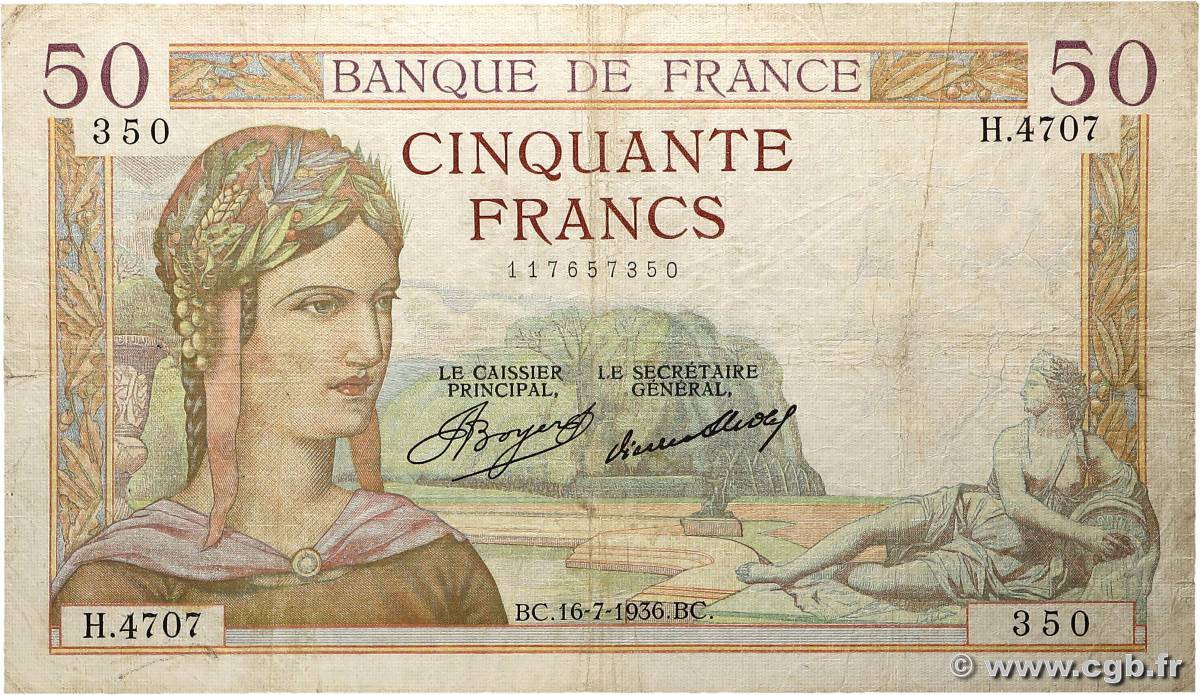 50 Francs CÉRÈS FRANCE  1936 F.17.28 TB