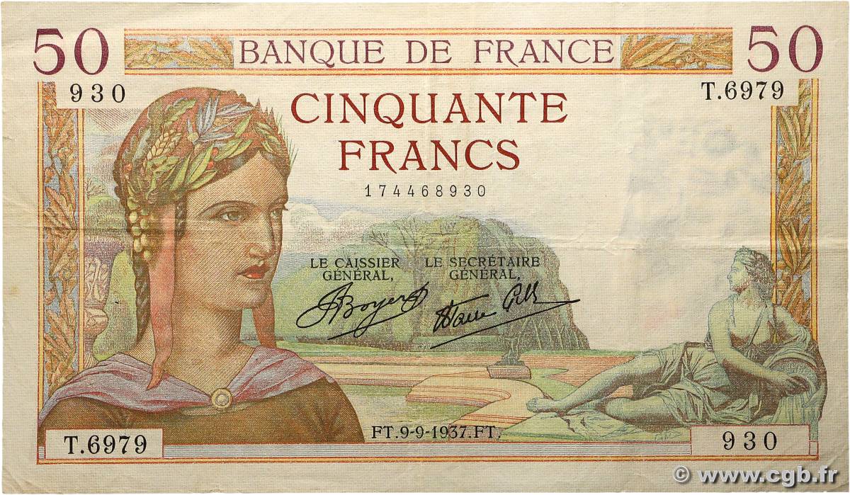 50 Francs CÉRÈS modifié FRANCE  1937 F.18.03 TTB