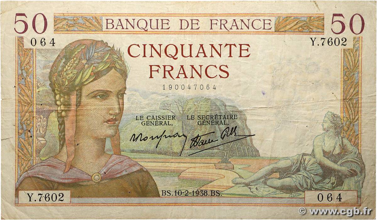 50 Francs CÉRÈS modifié FRANCE  1938 F.18.08 TB