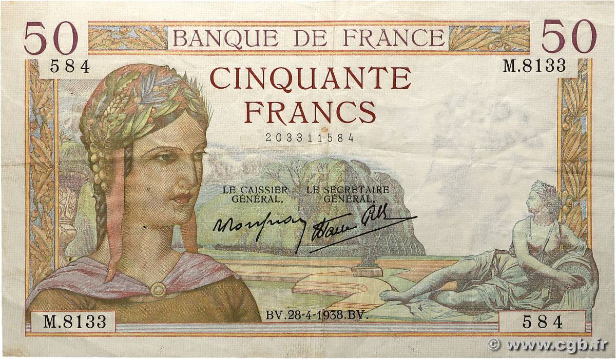 50 Francs CÉRÈS modifié FRANCE  1938 F.18.12 TTB