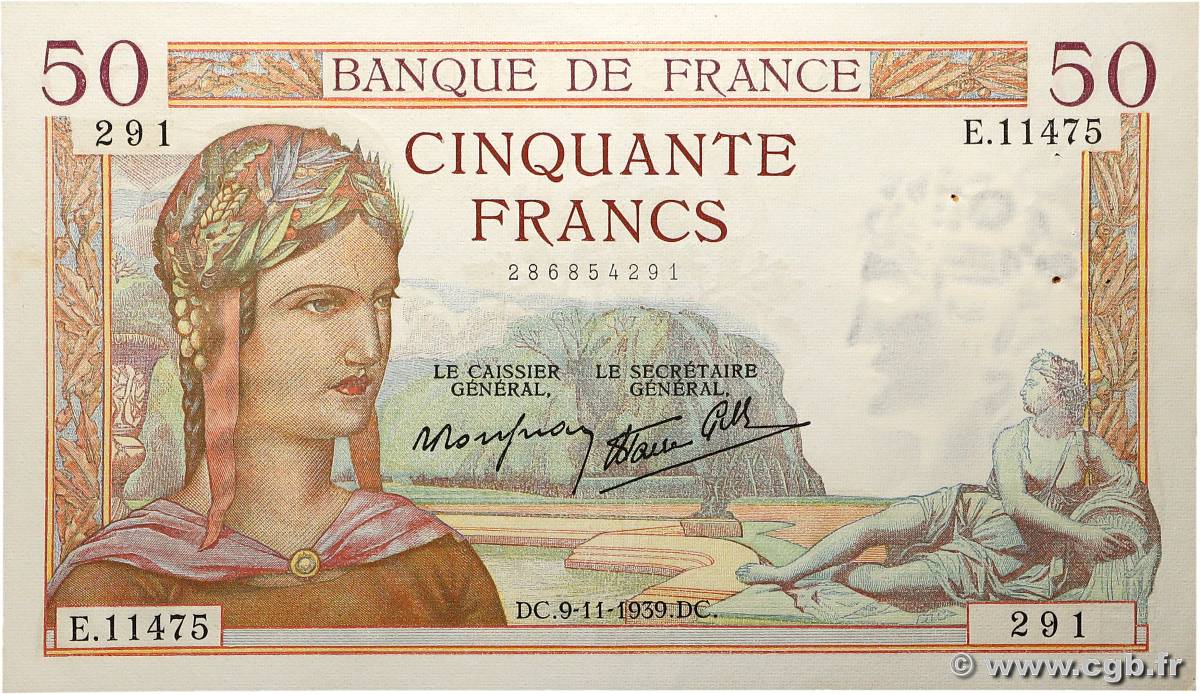 50 Francs CÉRÈS modifié FRANCIA  1939 F.18.34 EBC