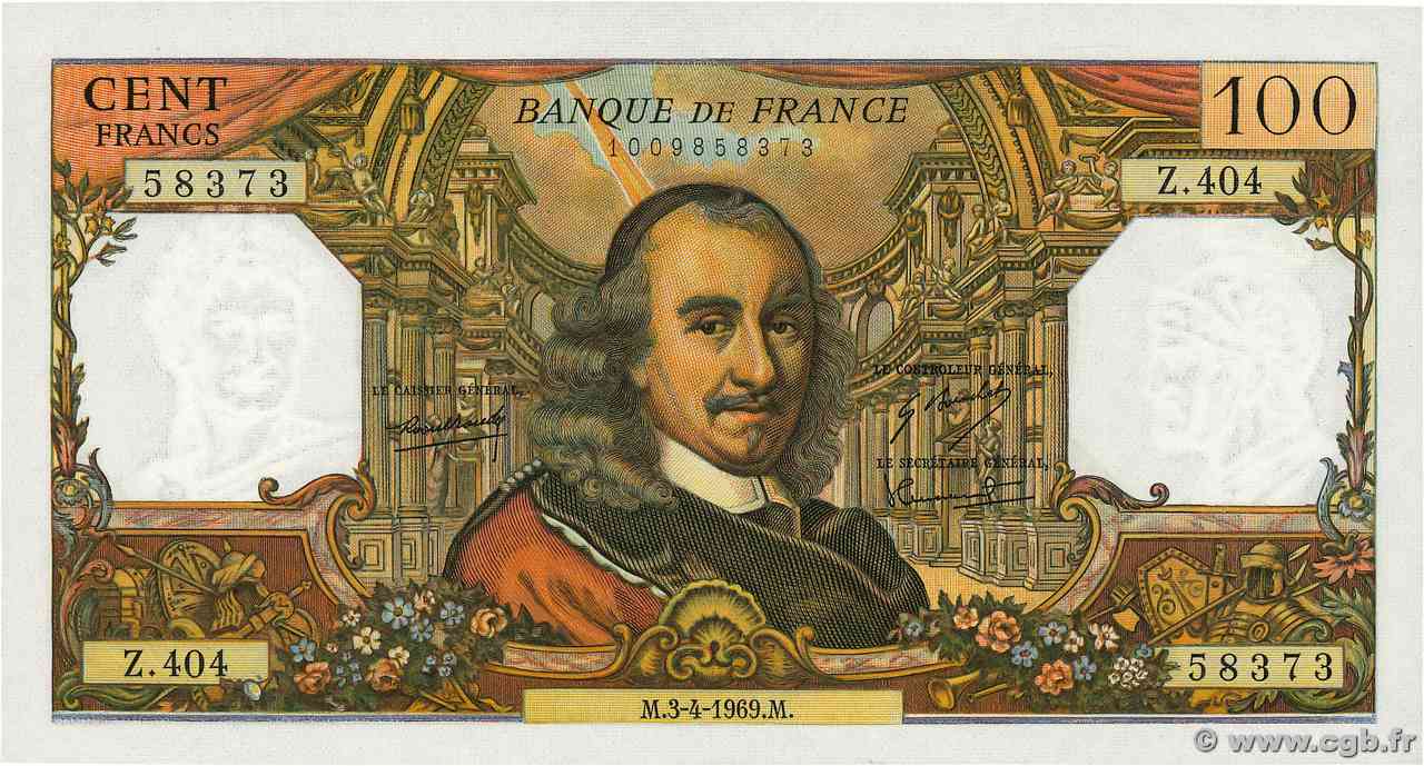 100 Francs CORNEILLE FRANCIA  1969 F.65.26 FDC