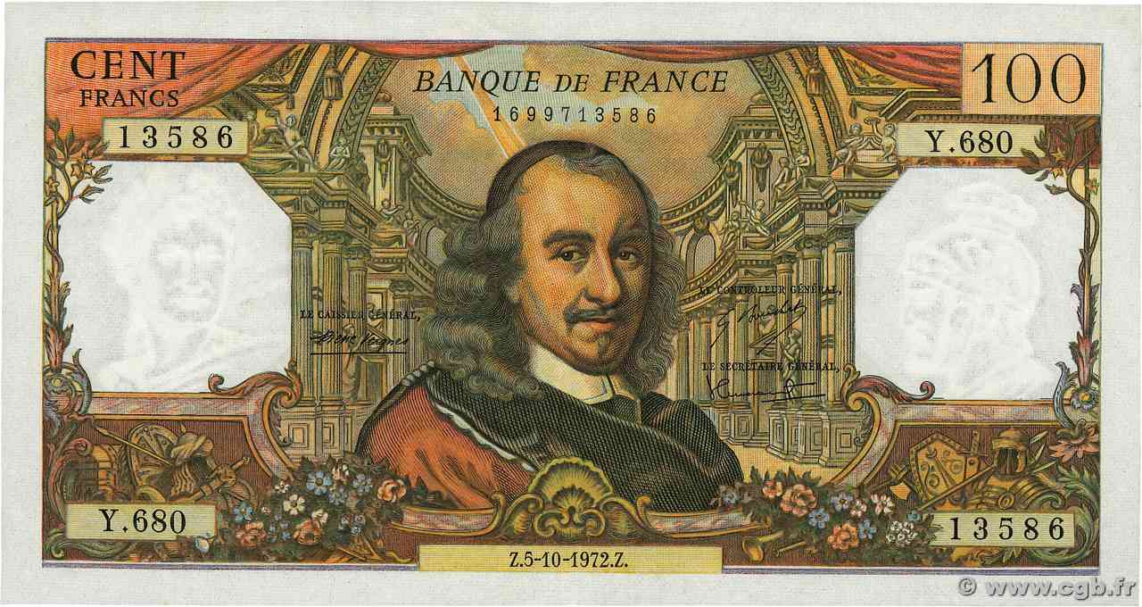 100 Francs CORNEILLE FRANCE  1972 F.65.40 AU-