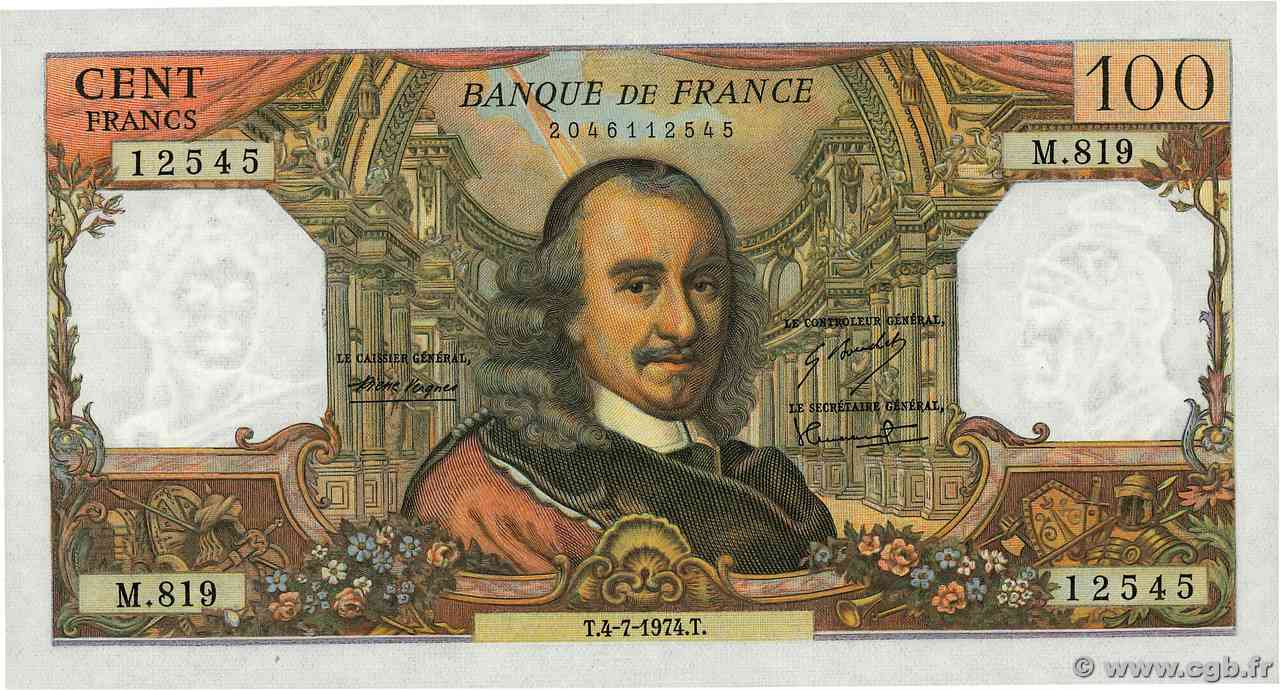 100 Francs CORNEILLE FRANCIA  1974 F.65.46 FDC