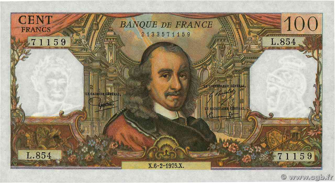 100 Francs CORNEILLE FRANCIA  1975 F.65.48 q.FDC