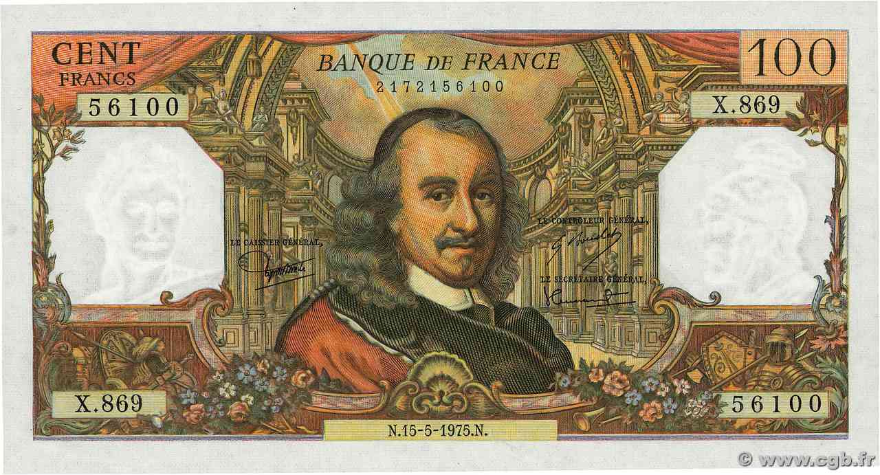 100 Francs CORNEILLE FRANCIA  1975 F.65.49 q.FDC