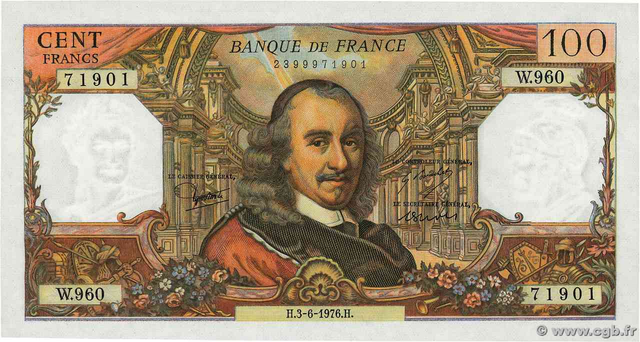 100 Francs CORNEILLE FRANCIA  1976 F.65.53 q.FDC