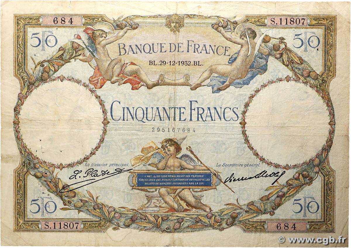 50 Francs LUC OLIVIER MERSON type modifié FRANCE  1932 F.16.03 B+