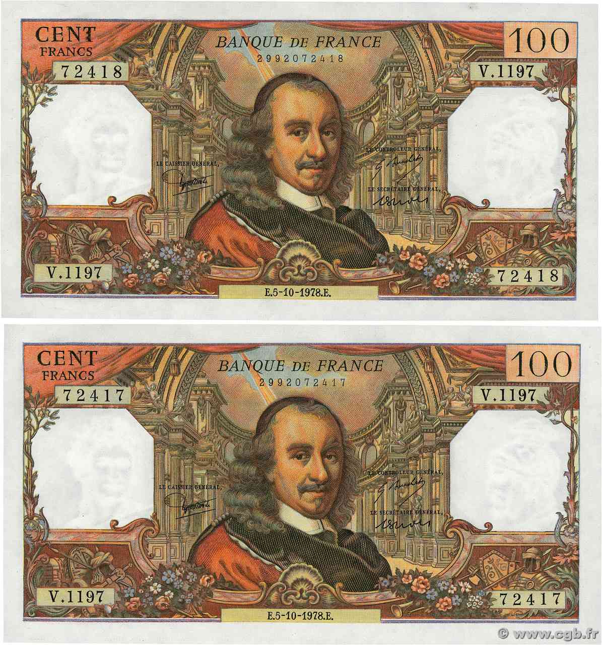100 Francs CORNEILLE Consécutifs FRANCIA  1978 F.65.63 FDC