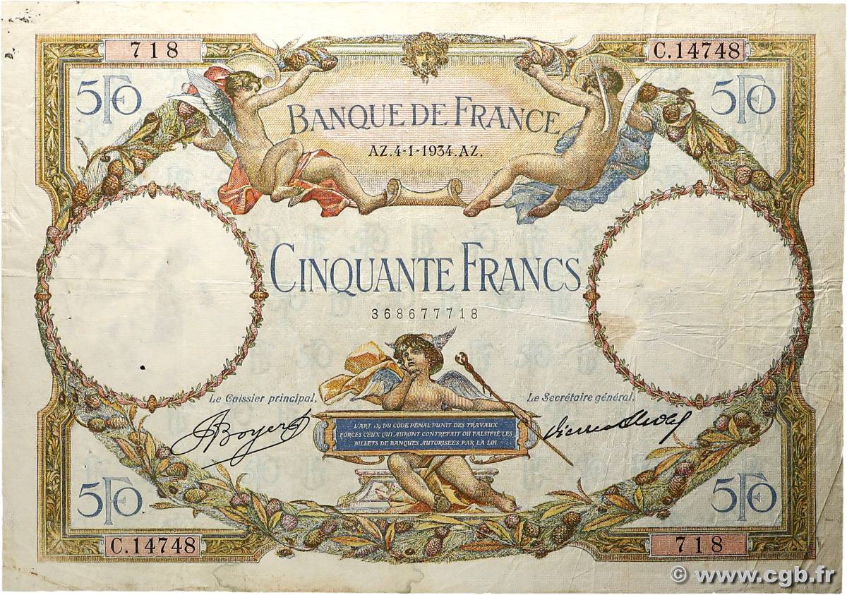 50 Francs LUC OLIVIER MERSON type modifié FRANCE  1934 F.16.05 TB