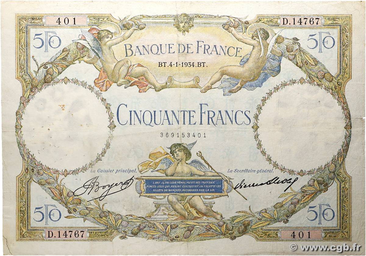 50 Francs LUC OLIVIER MERSON type modifié FRANCE  1934 F.16.05 B+