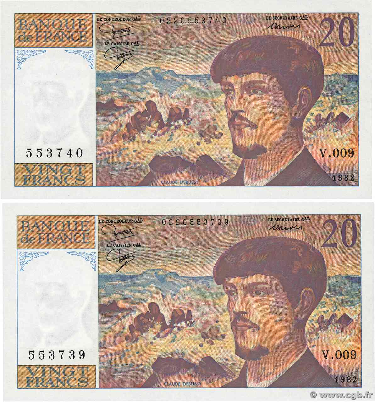 20 Francs DEBUSSY Consécutifs FRANCIA  1982 F.66.03 FDC