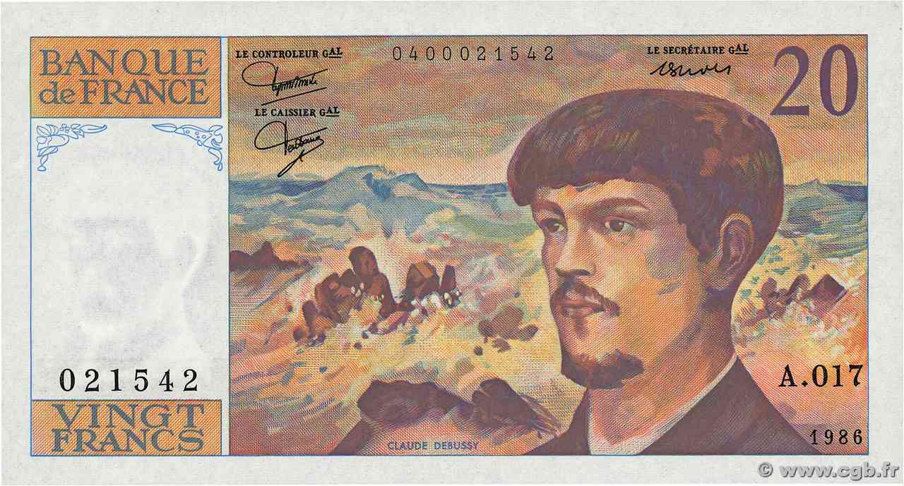 20 Francs DEBUSSY FRANCE  1986 F.66.07A17 UNC