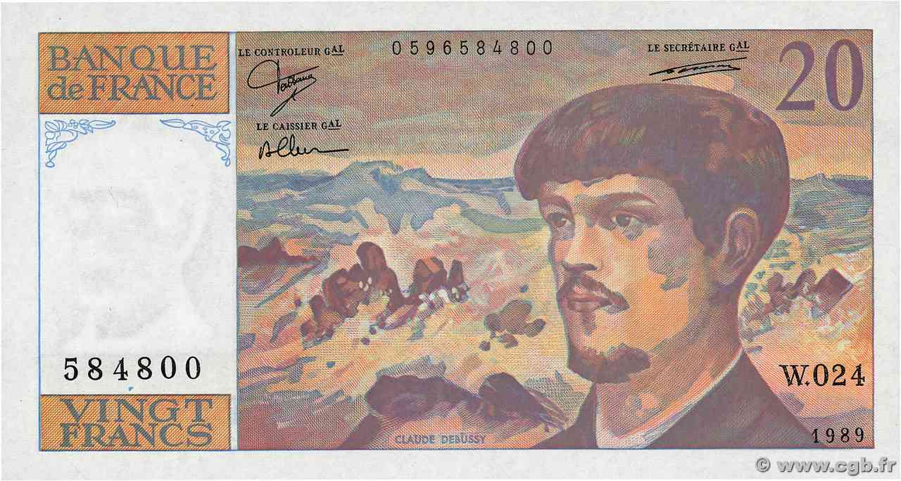 20 Francs DEBUSSY FRANCIA  1989 F.66.10W24 FDC
