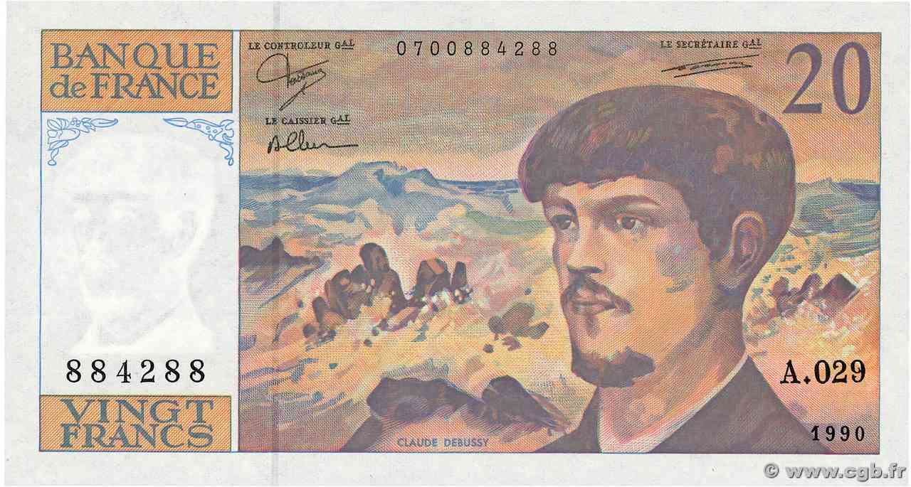 20 Francs DEBUSSY à fil de sécurité FRANCIA  1990 F.66bis.01A29 FDC