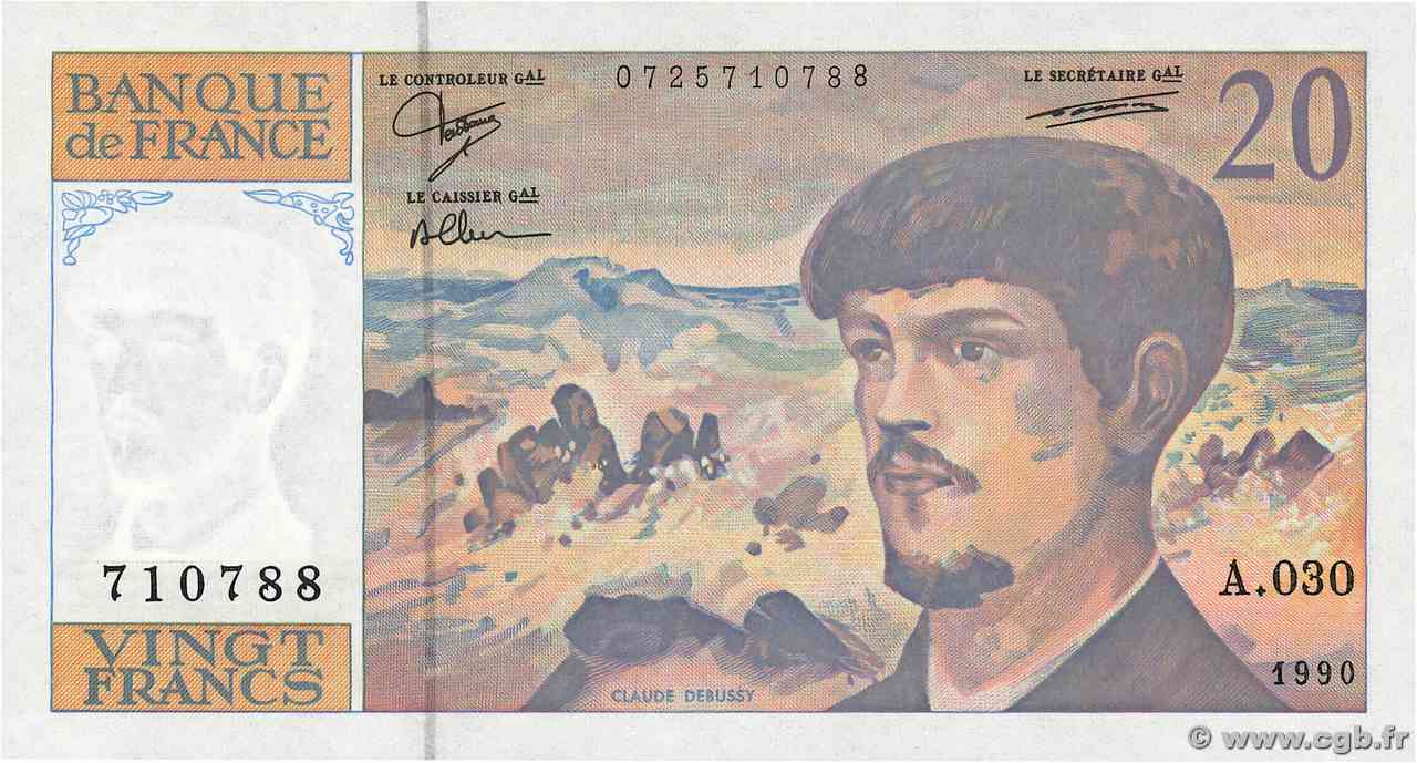 20 Francs DEBUSSY à fil de sécurité FRANCIA  1990 F.66bis.01A30 FDC