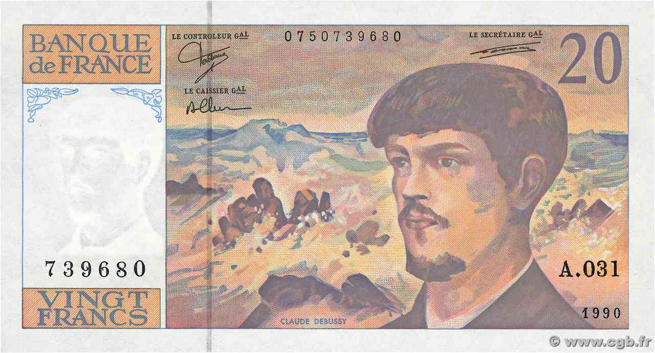 20 Francs DEBUSSY à fil de sécurité FRANCIA  1990 F.66bis.01A31 FDC