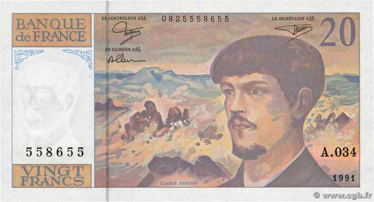 20 Francs DEBUSSY à fil de sécurité FRANCIA  1991 F.66bis.02A34 FDC