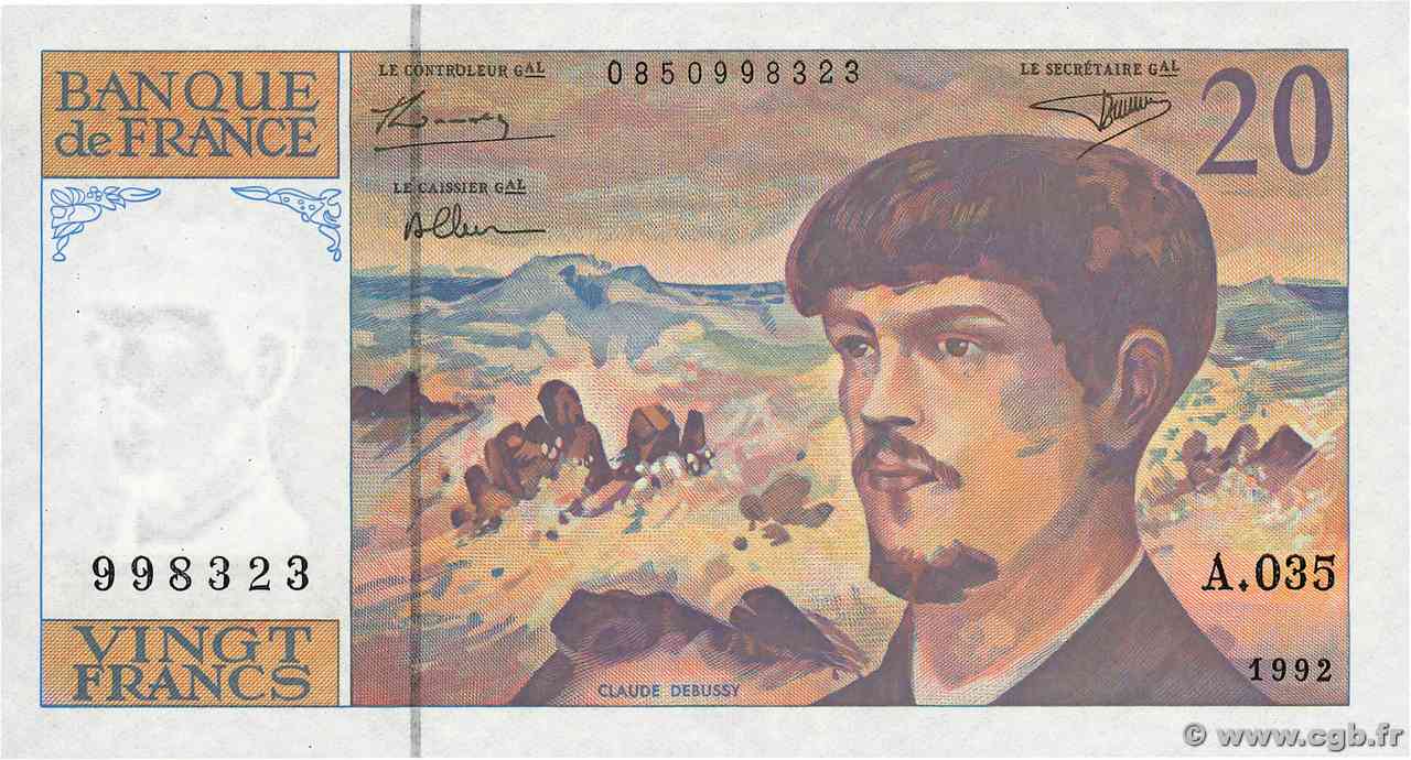 20 Francs DEBUSSY à fil de sécurité FRANCIA  1992 F.66bis.03A35 FDC