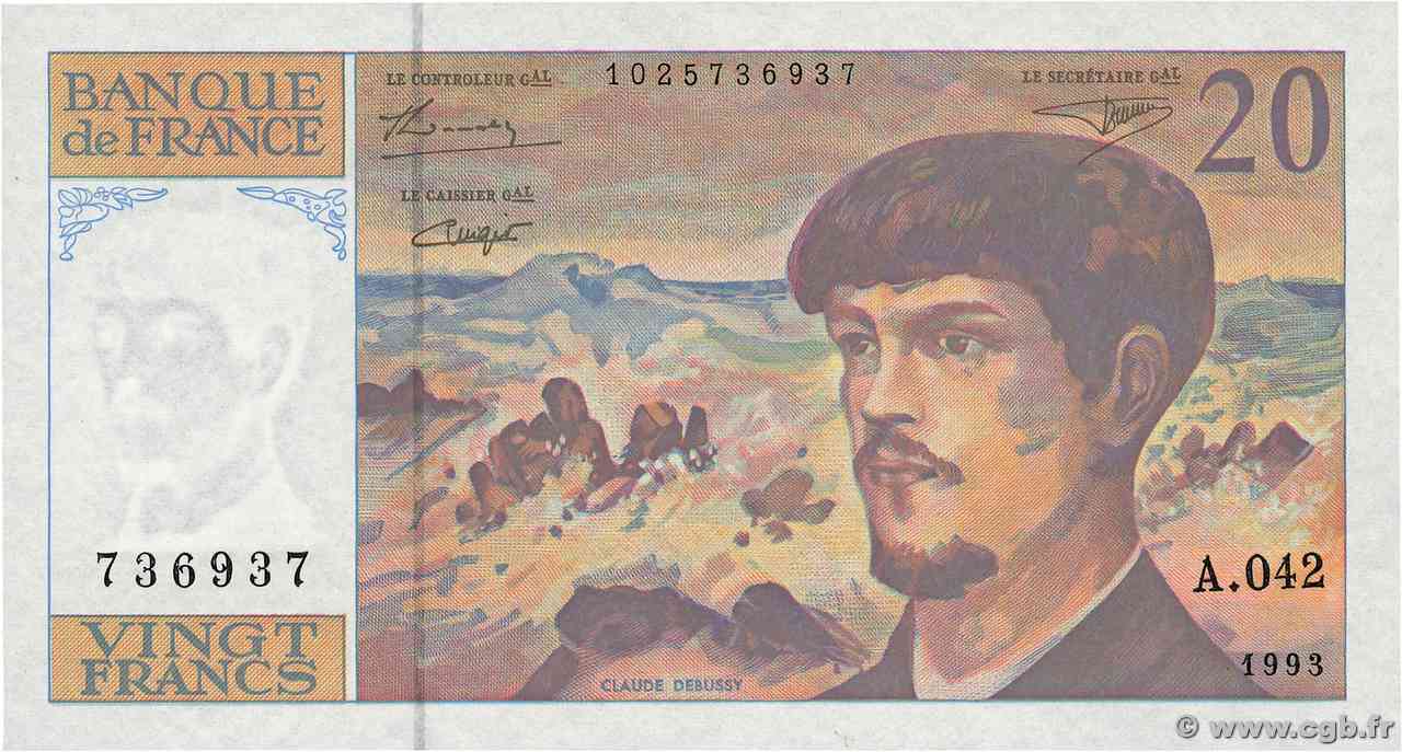 20 Francs DEBUSSY à fil de sécurité FRANCIA  1993 F.66bis.05A42 FDC