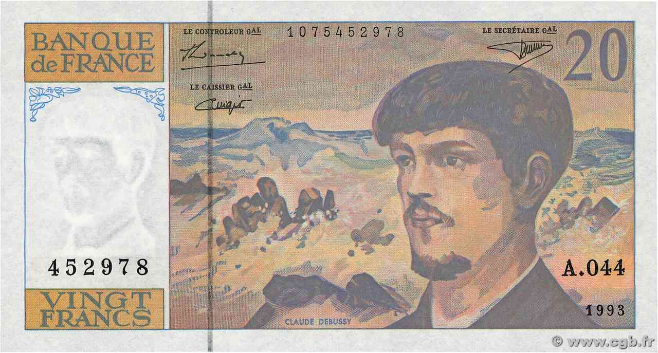 20 Francs DEBUSSY à fil de sécurité FRANCIA  1993 F.66bis.05A44 FDC