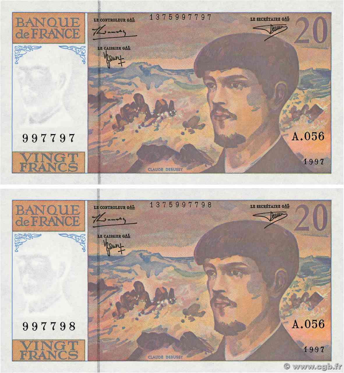 20 Francs DEBUSSY Modifié Consécutifs FRANCIA  1997 F.66ter.02A56 FDC