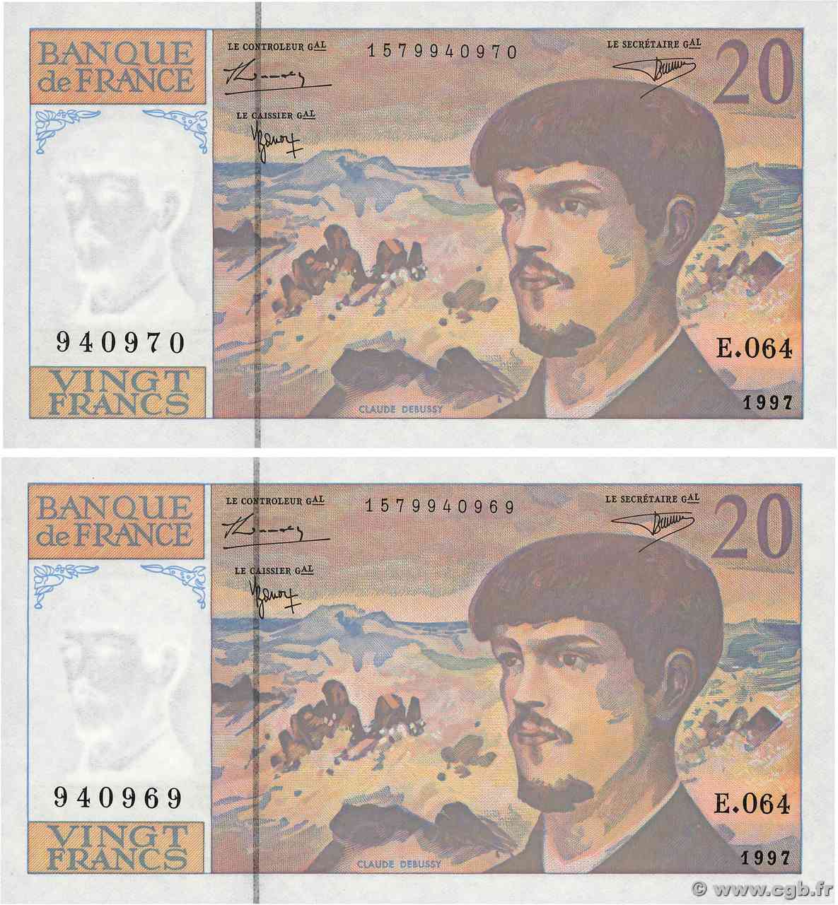 20 Francs DEBUSSY Modifié Consécutifs FRANCIA  1997 F.66ter.02-64 FDC
