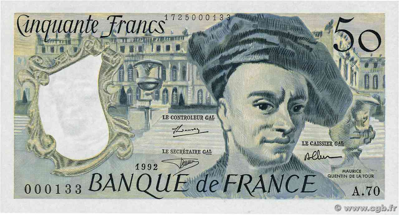 50 Francs QUENTIN DE LA TOUR Petit numéro FRANCE  1992 F.67.18A70 UNC