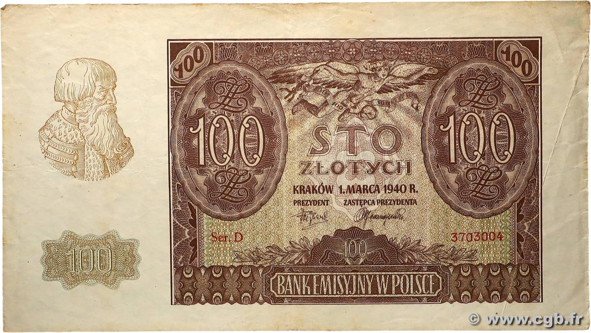 100 Zlotych POLOGNE  1940 P.097 TB