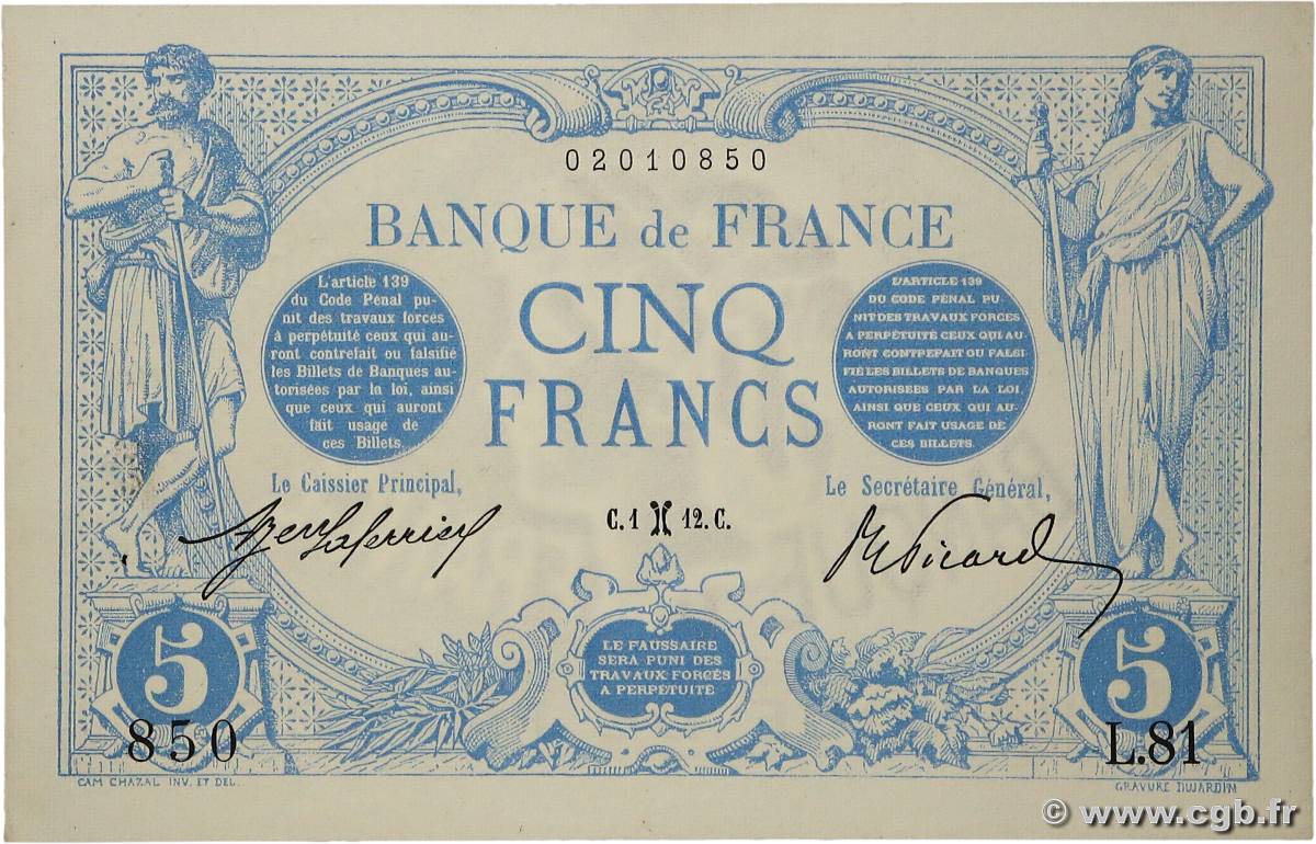 5 Francs BLEU FRANCIA  1912 F.02.02 SC