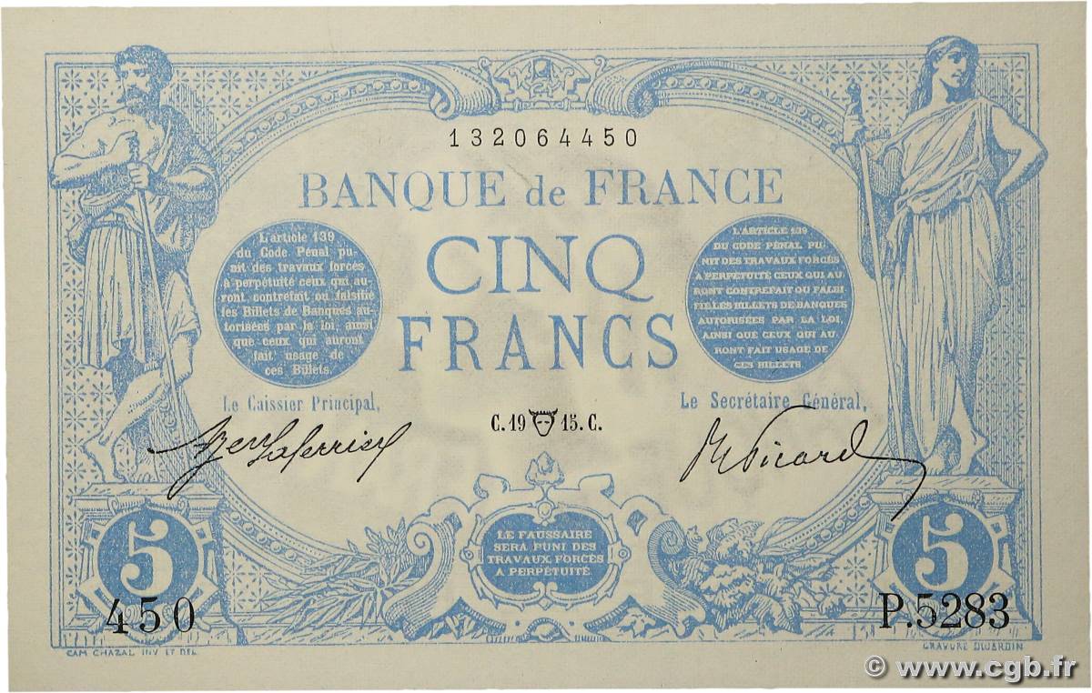5 Francs BLEU FRANCIA  1915 F.02.26 SC+