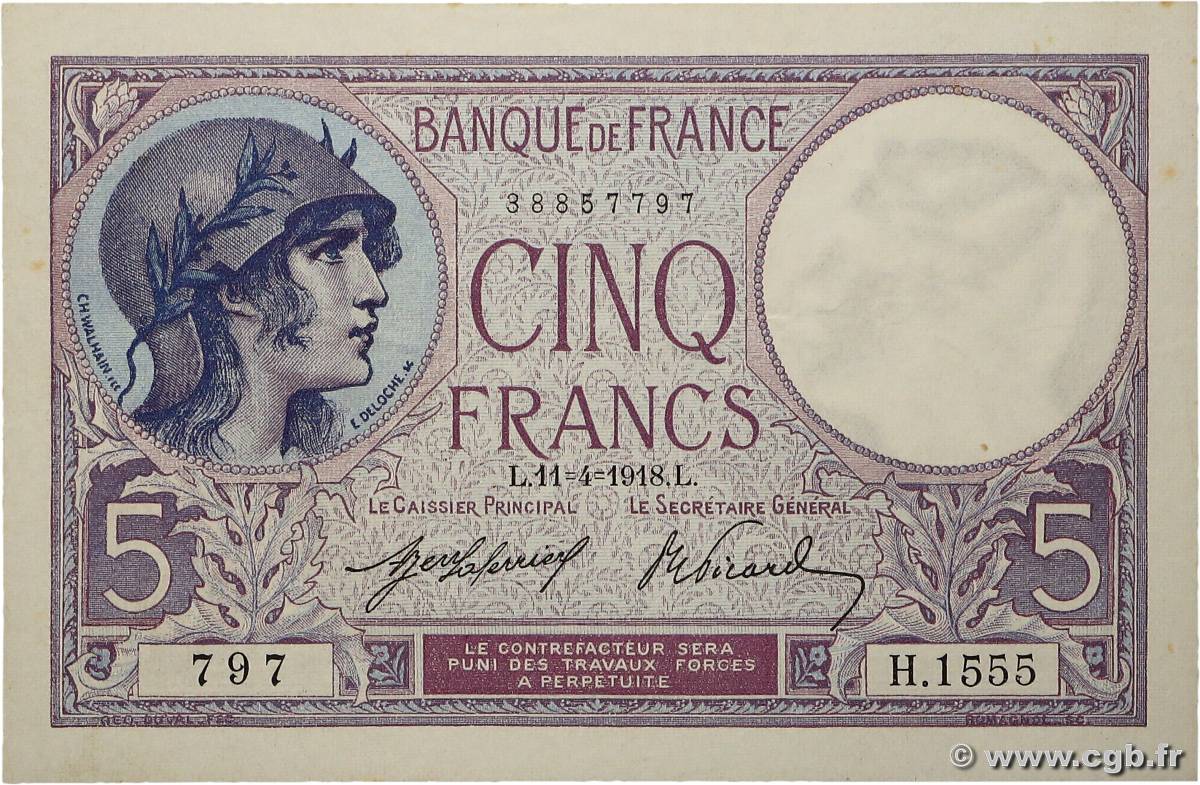 5 Francs FEMME CASQUÉE FRANCIA  1918 F.03.02 EBC+