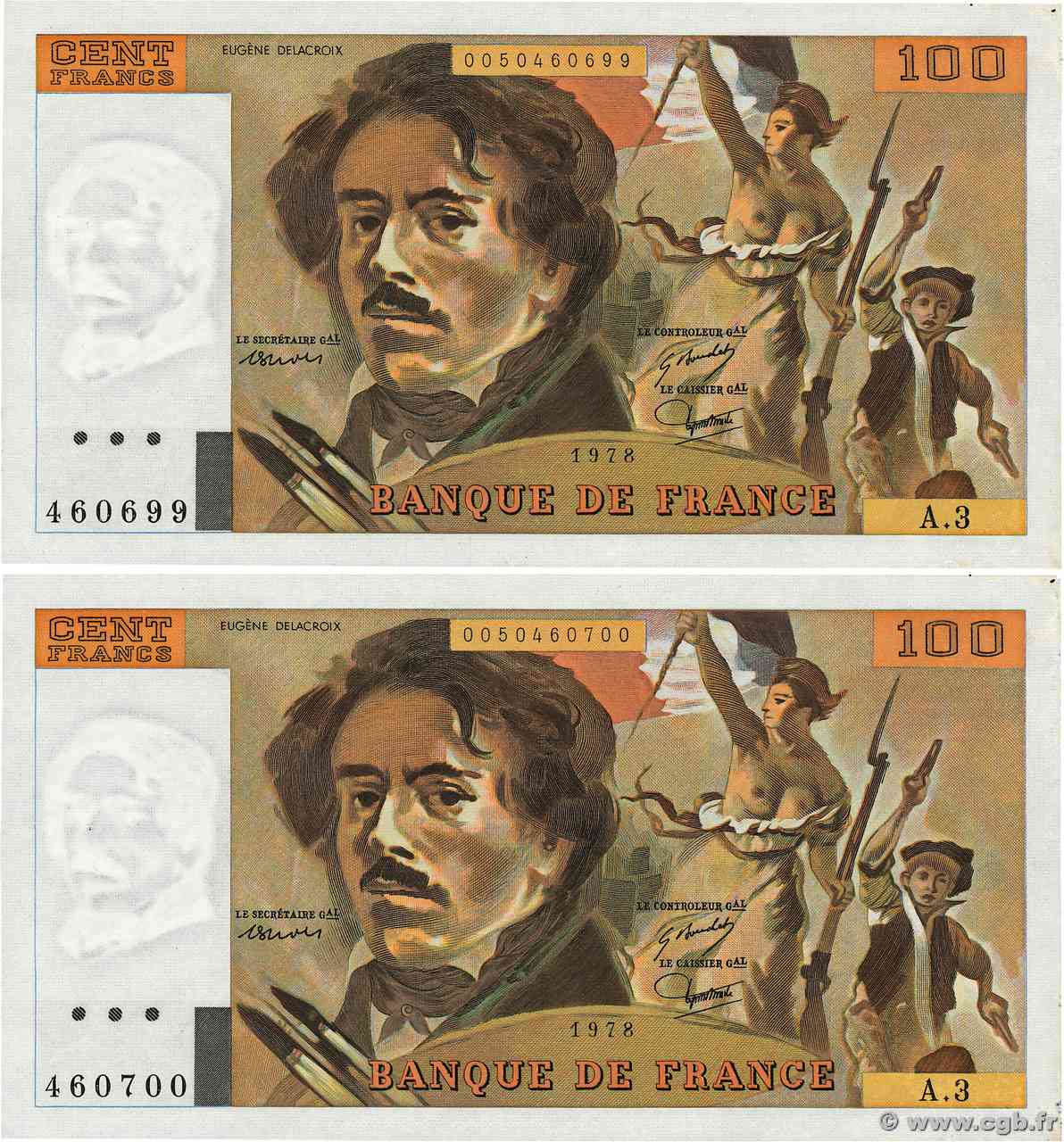 100 Francs DELACROIX Consécutifs FRANCE  1978 F.68.03 SPL+