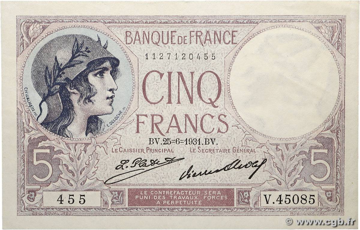 5 Francs FEMME CASQUÉE FRANCE  1931 F.03.15 SUP