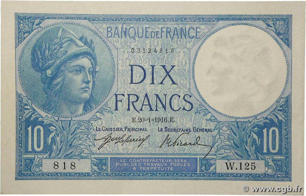 10 Francs MINERVE FRANCIA  1916 F.06.01 SC+