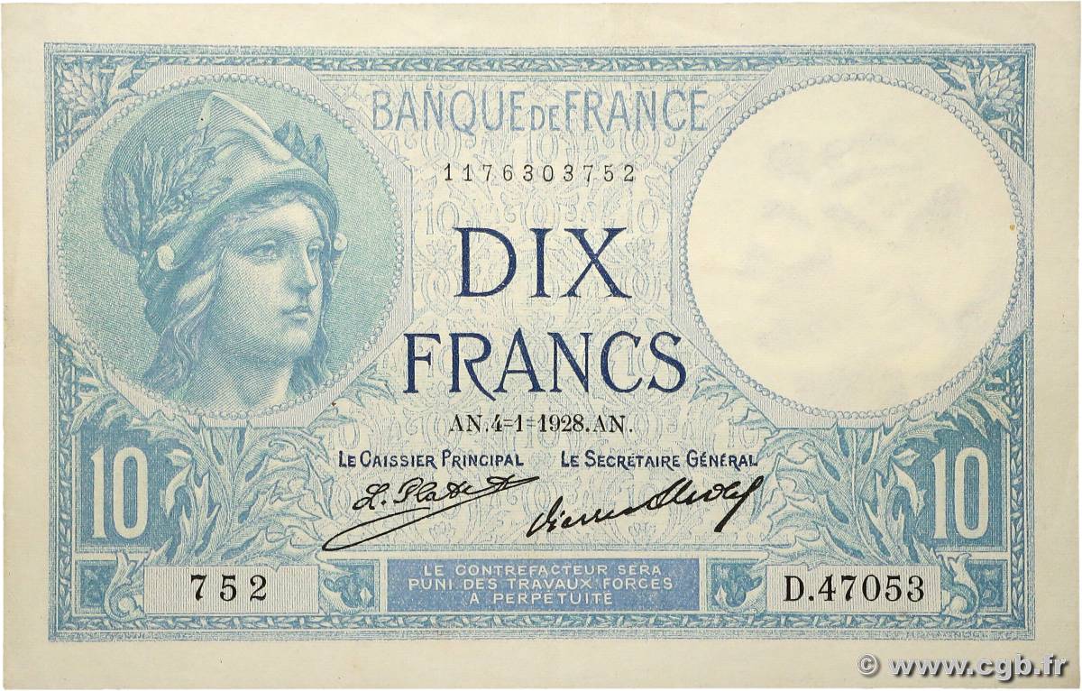 10 Francs MINERVE FRANCE  1928 F.06.13 XF